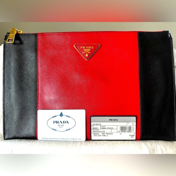 Authentic Prada Saffiano Lux Pochette in Nero + Fuoco - Picture 5 of 13